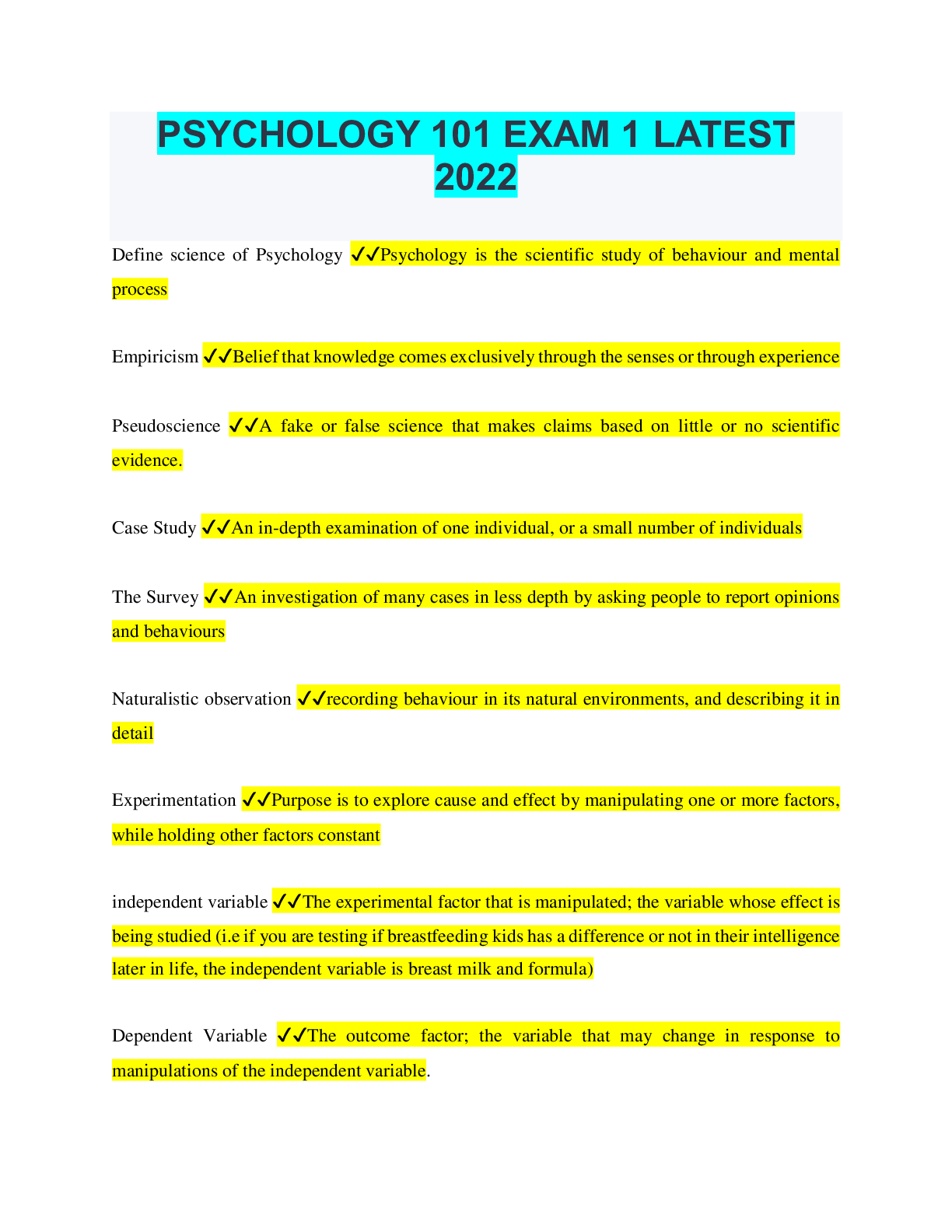 Preview image for PSYCHOLOGY 101 EXAM 1 LATEST 2022. Rated A. Questions with accurate answers